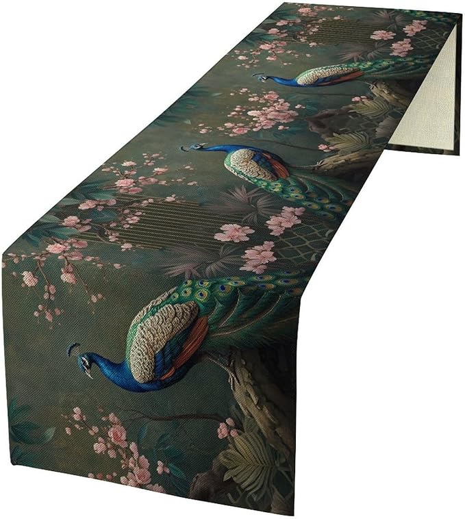 Peacock Table Runner,Vintage Aesthetic Peacock Birds Table Runner for Home Kitchen Dining Party Indoor Outdoor Decoration 13x120 Inch