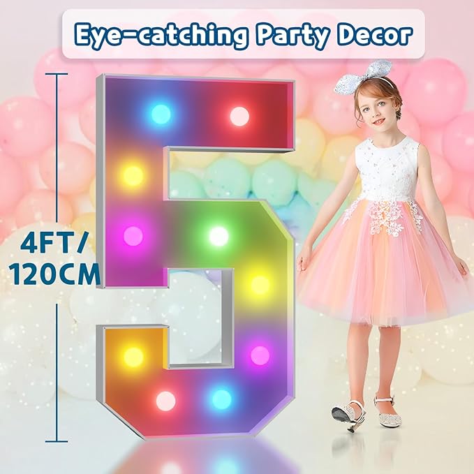 Marquee Number 5 Light Sign, 4 ft Party Decoration with Remote, 16 Colors