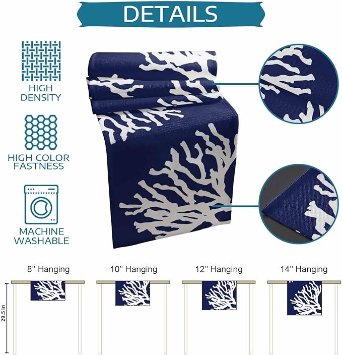 Coastal Coral Cotton Linen Table Runner for Dining Kitchen, Wedding Outdoor Party Tablerunners Decoration, Navy Blue Nautical Ocean Beach Dresser Scarf Coffee Tablecloth Runners 13x108 Inches