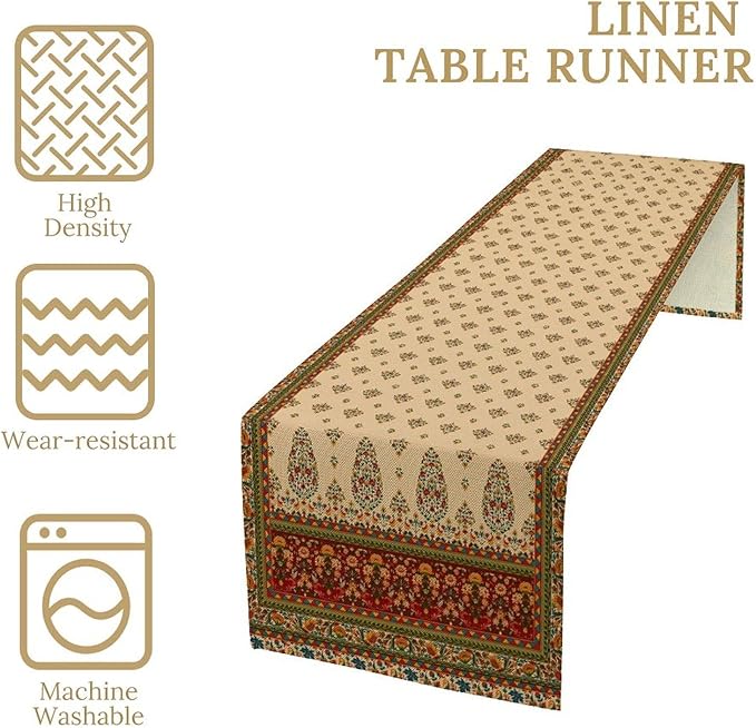 Boho Paisley Table Runner, Vintage Western Brown Dark Red Beige Flowers Leaves Print Table Runner for Kitchen Dining Table Wedding Holiday Party Decor, 13x70inch