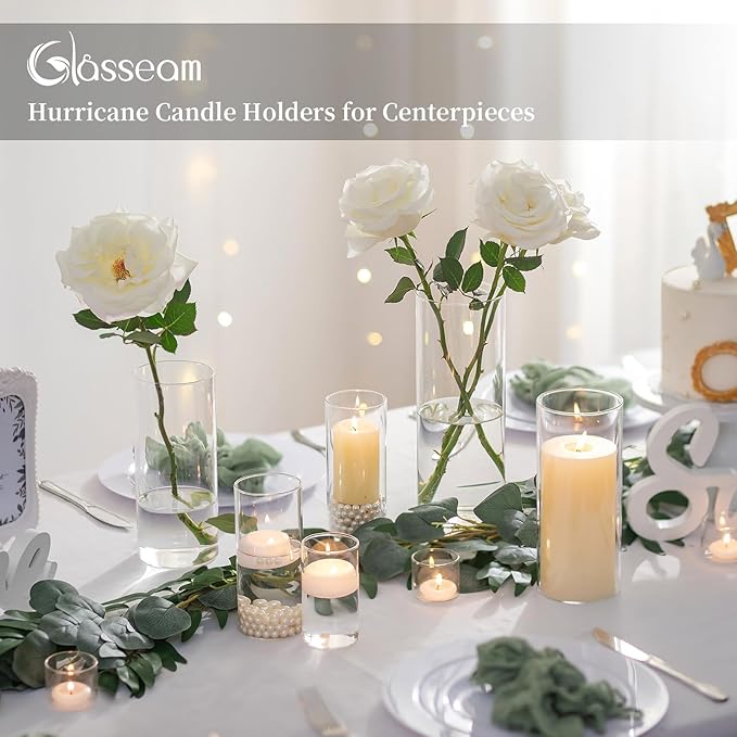 Glasseam Clear Cylinder Vases for Centerpieces, Glass Cylinder Vase Set of 6, Hurricane Vase for Flowers, Glass Cylinder Candle Holder for Pillar Candles, Floating Candle Vases for Wedding Decorations