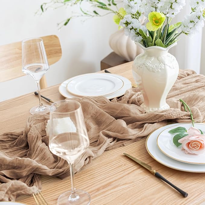 Asee'm 2pcs Cheesecloth Table Runner 120 Inches Long Nude Boho Gauze Cheese Cloth Runner 10FT Rustic Sheer Table Runners for Christmas Wedding Party Baby Shower Spring Easter Decoration