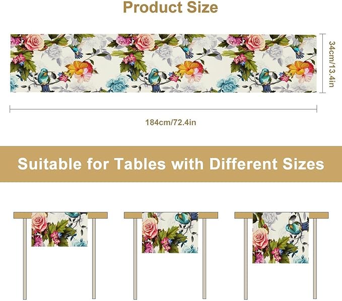 Hummingbird Table Runner,Vintage Floral Country Style Table Cloth Home Kitchen Restaurant Party Decoration 13x72 Inch