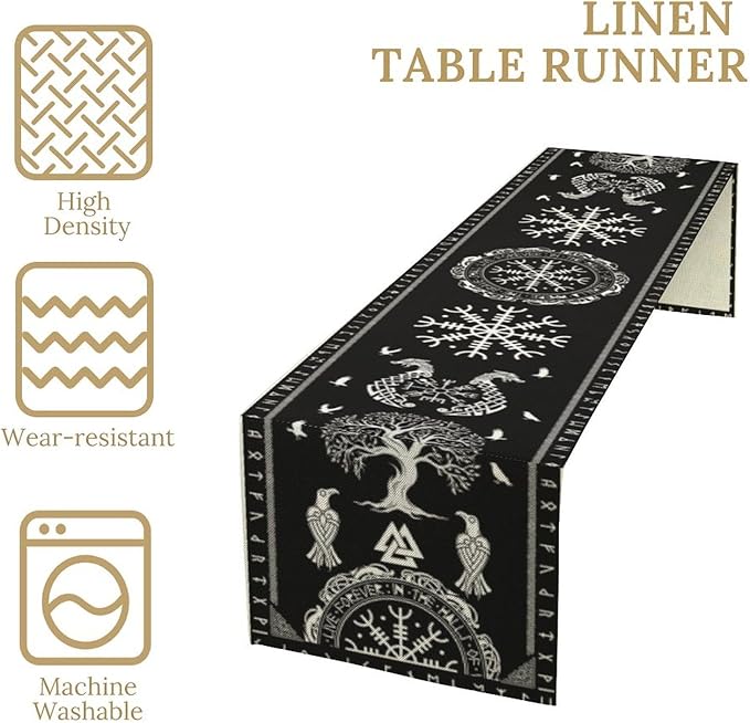 Ancient Abstract Pattern Table Runner, Tree of Life Eagle Dragon Boat Rudder Black and White Table Runner 13x108 Inch