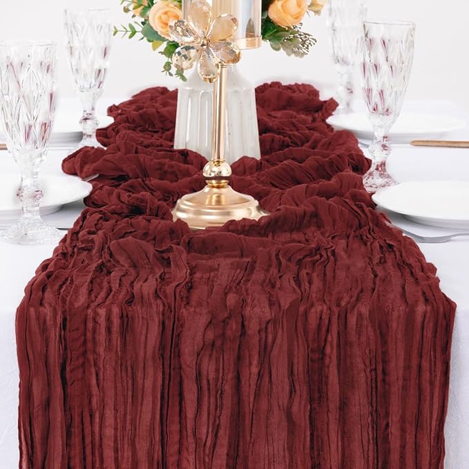 MLMW 4 Pack Christmas Table Runner Cheesecloth Burgundy Boho Cheese Cloth 160 inch Gauze Rustic Sheer Table Runner 13.3ft for Party Wedding Baby Bridal Shower Birthday