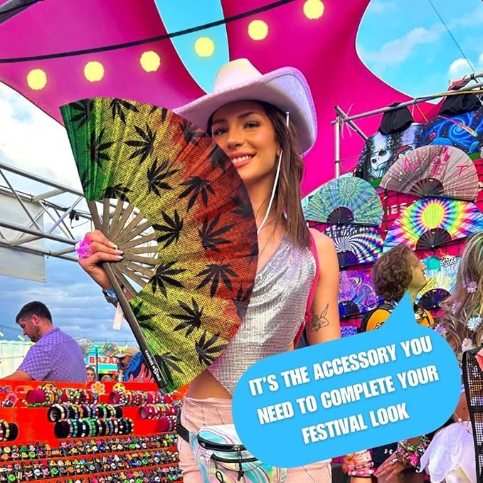 Kandies World UV Reactive Custom Festival Folding Hand Fan - Unique Designs, Made of Bamboo, Clacking Sound, Lightweight - Perfect Rave and Festival Accessory!