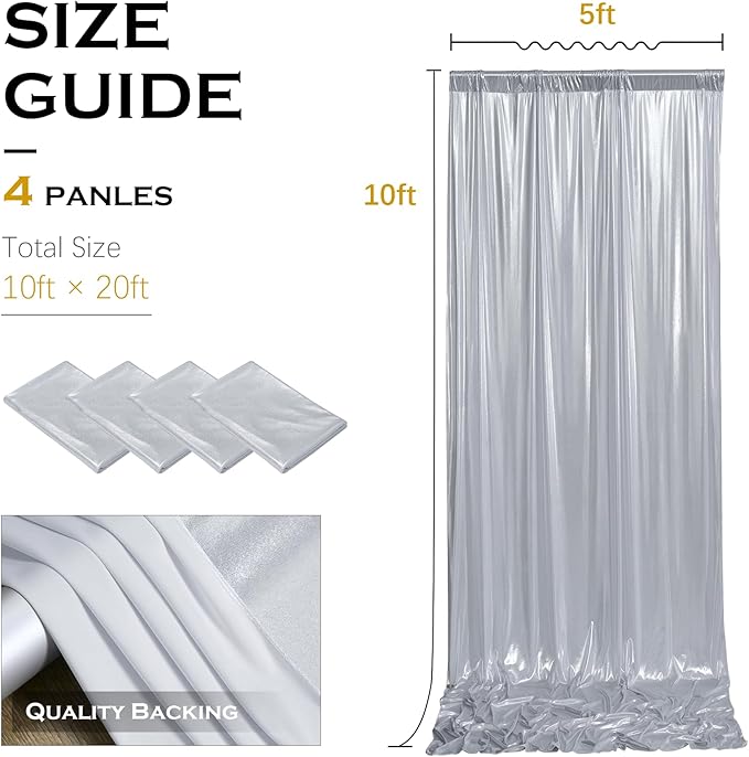 Backdrop Curtain Set, Silver Sequin, 4 Panels 20x10 Ft, Wrinkle-Free