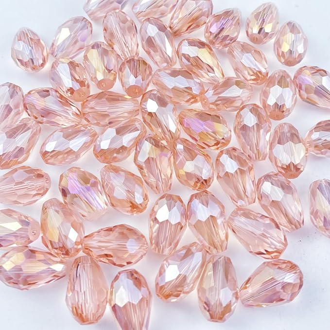 100pcs 8x12mm Teardrop Crystal Glass Beads Vertical Hole Faceted Glass Teardrop Spacer Beads for Bracelets Necklace Earring DIY Jewelry Making Craft(Pink AB)
