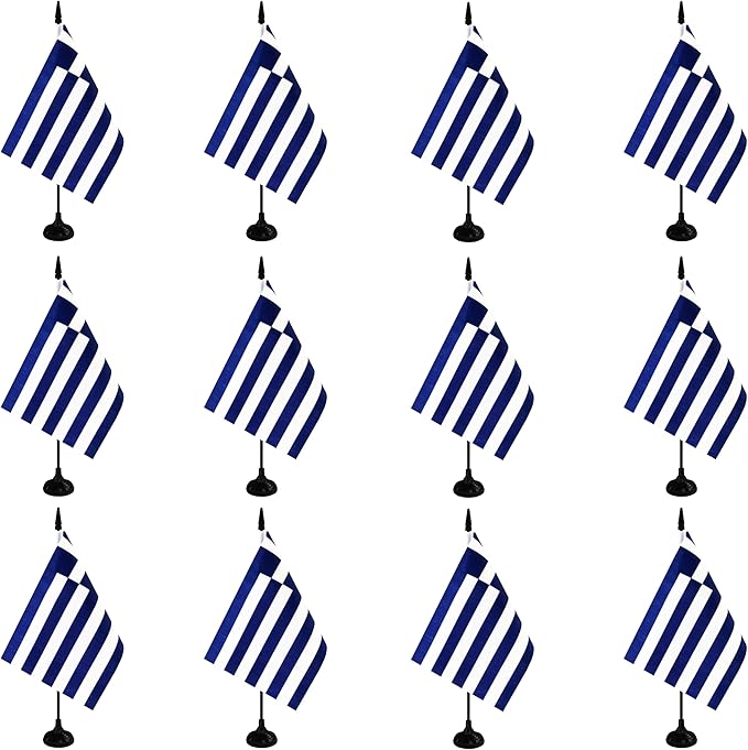 Greece Desk Flag, 12 Pack Greek Table Office Flag with Black Solid Pole and Stand Base, International Country Flag, Festival Celebration, Classroom Meeting Desktop Decor (Greece)