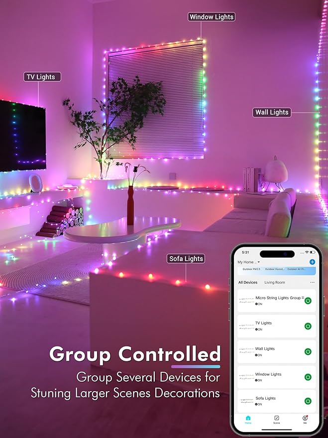 Indoor String Lights, 200 LED RGB Silver Wire with Voice and App Control