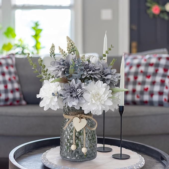 Fake Flowers in Vase,8 Dahlias,Silk Artificial Flowers in Vase,Centerpiece Table Decorations,Faux Flowers in Vase with a Flower Arrangement Holder