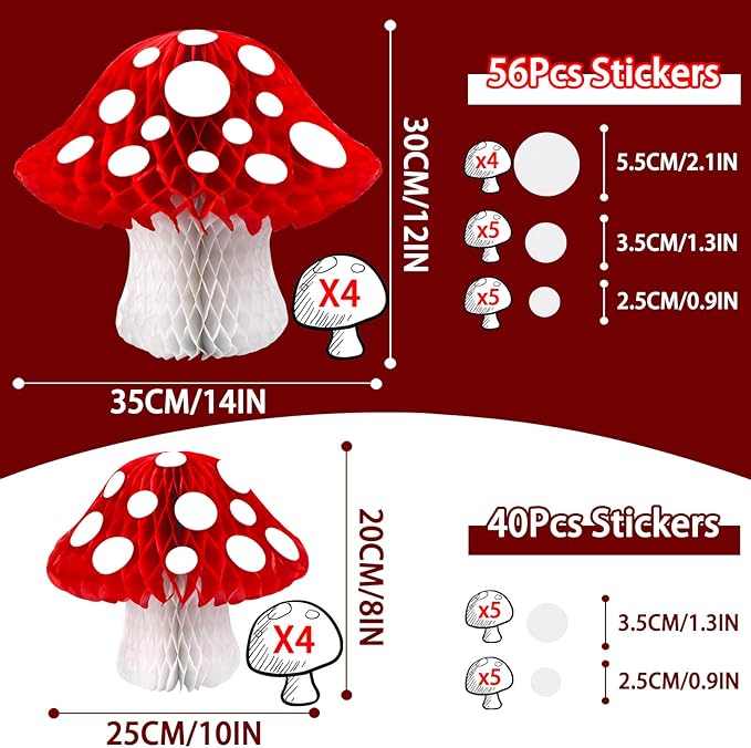 8PCS Mushroom Honeycomb Decor Mushroom Shaped Tissue Paper Pom Decorations for Jungle Wonderland Themed Birthday Party 3D Mushroom Honeycomb Centerpiece for Fairy Baby Shower Garden Decoration