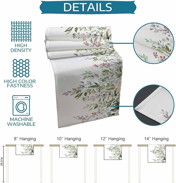 Botanical Eucalyptus Cotton Linen Table Runner for Dining Kitchen, Wedding Outdoor Party Tablerunners Decoration, Sage Green Leaves Elegant Floral Dresser Scarf Coffee Tablecloth Runners 13x48 Inches