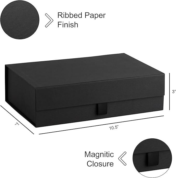 Hard Black Gift Box With Magnetic Closure Lid 10.5"x7"x3" Pack Of 2 Black Ribbed Rectangle Favor Boxes With Black Ribbed Finish For Wedding, Bridesmaid Groomsman Proposal, Clothing (2 Boxes)
