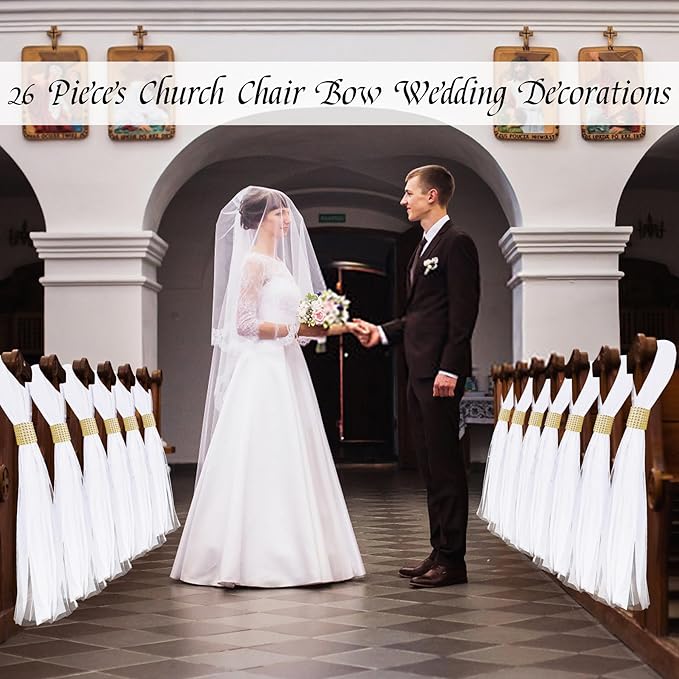 Tulle Pew Bows 26 Pieces with Gold Rhinestone Wrap and Chiffon Layers