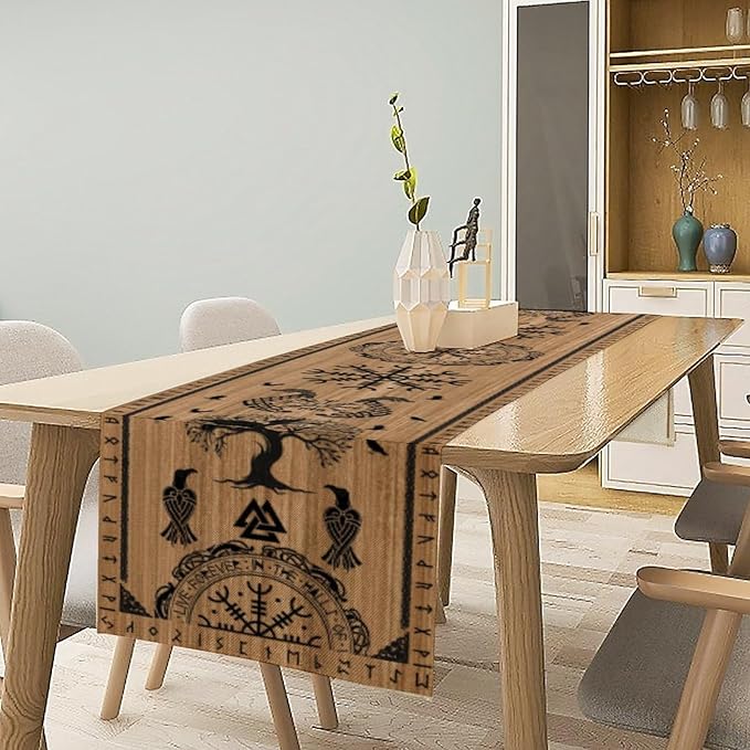 Viking Tree of Life Table Runner, Wooden Printed Eagle Dragon Boat Rudder Seasonal Kitchen Dining Table Decoration for Home Party 13x60 Inch