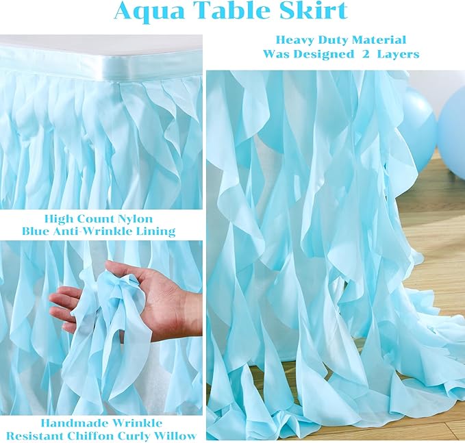 Partisky Aqua Blue Tulle Curly Willow Table Skirt for Rectangle Table 6ft, Ruffle Tutu Table Cloth for Boys Baby Shower,Birthday Party Candy Cake Tables