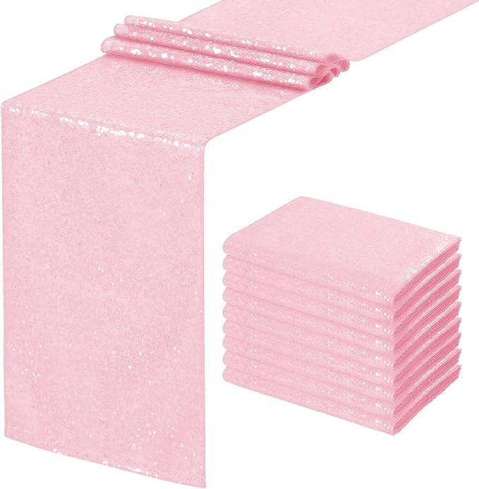 Pink Table Runners 10 Packs 12x108 Inches Glitter Table Runner Wedding Sequin Fabric for Birthday Bridal Baby Shower Engagement Party Decorations
