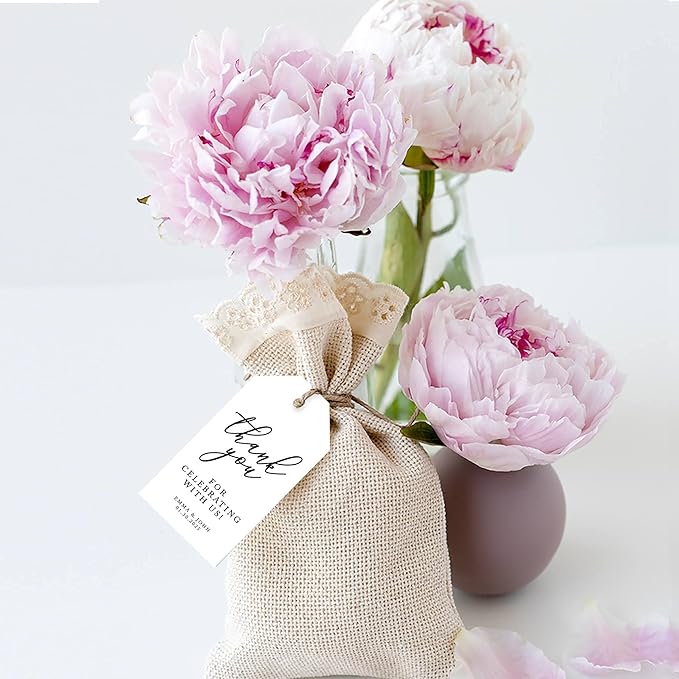 Andaz Press 100-Pack Personalized Thank You for Celebrating with Us Wedding Favor Tags with String, Minimal Modern Custom Tags for Wedding Favors 2” X 3.75” Thank You Tags with String Custom Favors