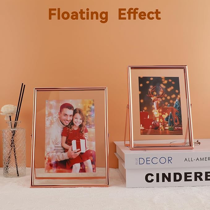 Rose Gold Floating Picture Frame, 6"x8", Vertical, For Picture 5x7, 4x6, 3x5, Medium Tabletop Photo Frame, Classy Gift For Holiday, Birthday or Wedding, Home or Office Décor