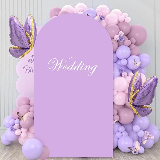 Purple Arch Cover 6ft Lavender Spandex Fitted Round Top Back Drop Covers Chiara Backdrop-Cover Wedding Arched Back Drop Panels for Bridal Shower Arch-Backdrop Banquet Garden Party Decor