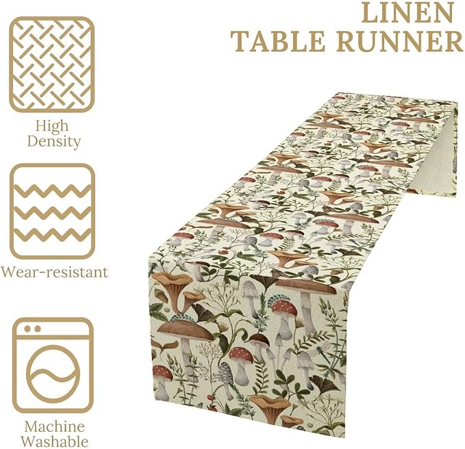 Mushroom Table Runner,Vintage Forest Flower Plant Print Table Runner for Kitchen Dining Table Home Party Decoration 13x72 Inch