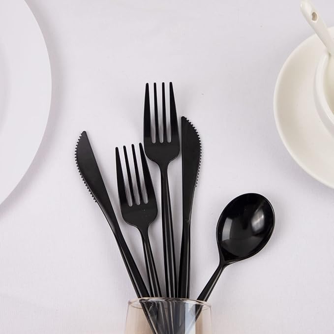 Black Plastic Spoons and Cutlery Set, 180 Count with Forks and Knives