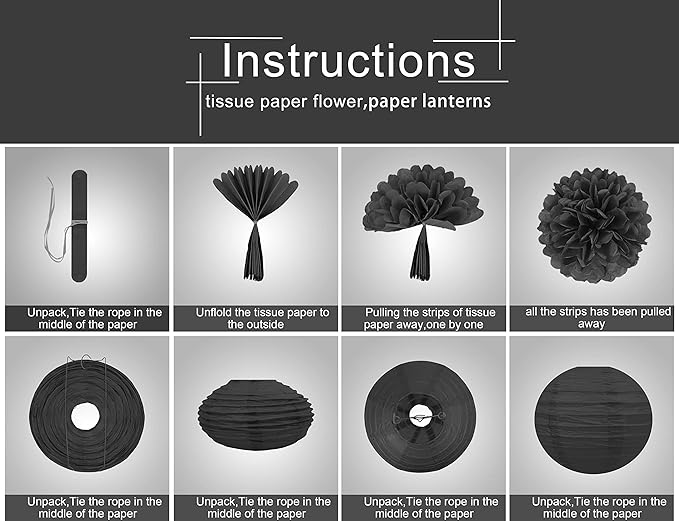 Black Silver Gold Party Decorations - 15Pcs Paper Flowers Tissue Pom Poms Paper Lanterns Graduation Hanging Decor Retirement Decoration 50th 80th 90th Men Birthday Anniversary HongTongTong