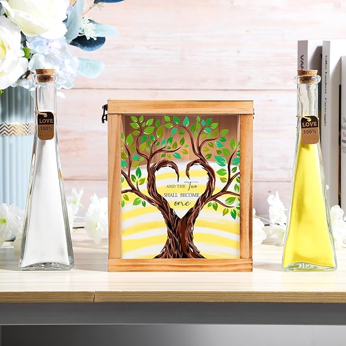 Wedding Sand Ceremony Vases Set with Wooden Shadow Box, White and Yellow Sand