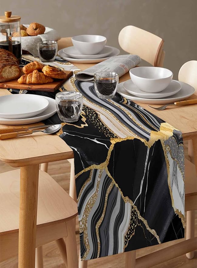 Geometric Black Marble Cotton Linen Table Runner for Dining Kitchen, Wedding Outdoor Party Tablerunners Decoration,Farm Marble Liquid Ripple Abstract Dresser Scarf Coffee Tablecloth Runners 13''x120''