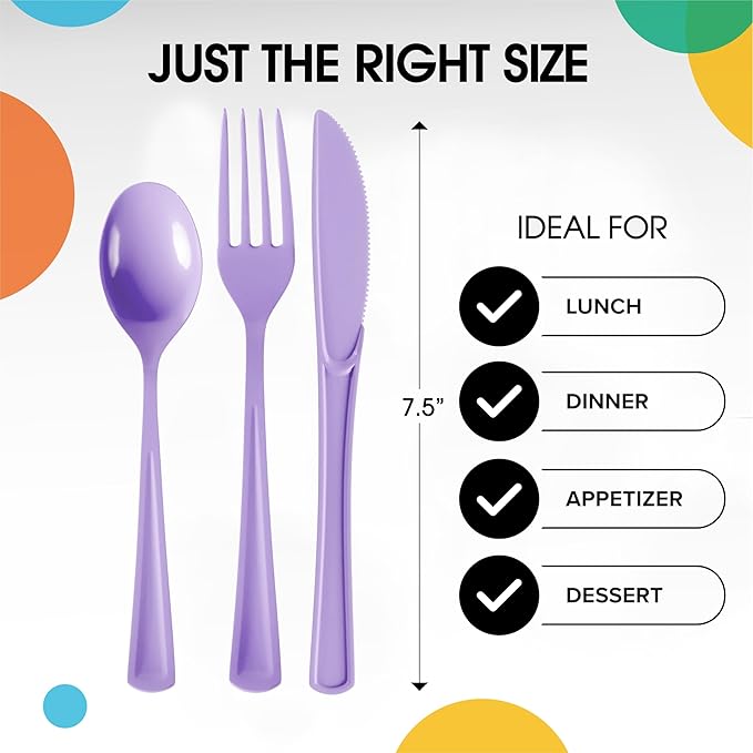 Plastic Cutlery Set, 300 Pieces, Lavender Disposable Forks, Spoons and Knives