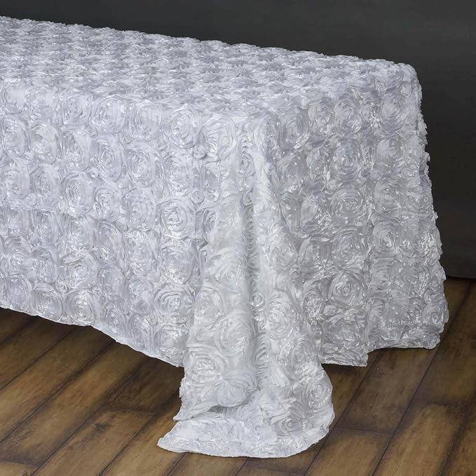 Efavormart 90"x156" Wholesale Rectangle Table Cover White Grandiose Rosette 3D Satin Tablecloth for Wedding Party Event Decoration