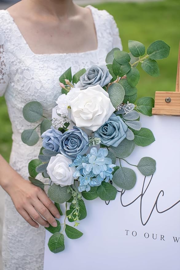 Artificial Flowers Arch Decor, Sky Blue Silk and Foam, Set of 2