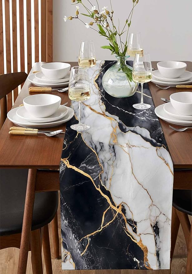 Black White Marble Cotton Linen Table Runner for Dining Kitchen, Wedding Outdoor Party Tablerunners Decoration, Nature Marble Crack Modern Art Dresser Scarf Coffee Tablecloth Runners 13x60 Inches