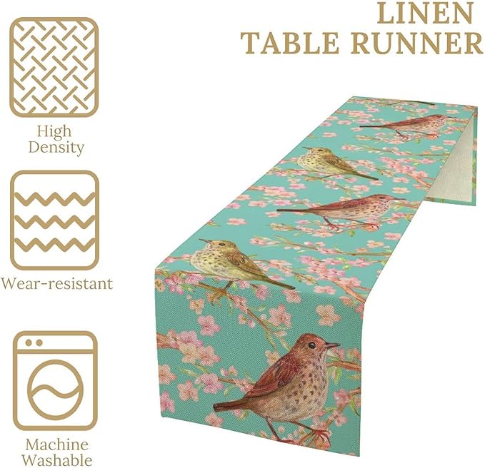 Table Runner with Flowers and Birds, Spring Plant Flowers Table Decoration Linen Table Runner Family Party Party Decorations 13x90 Inches