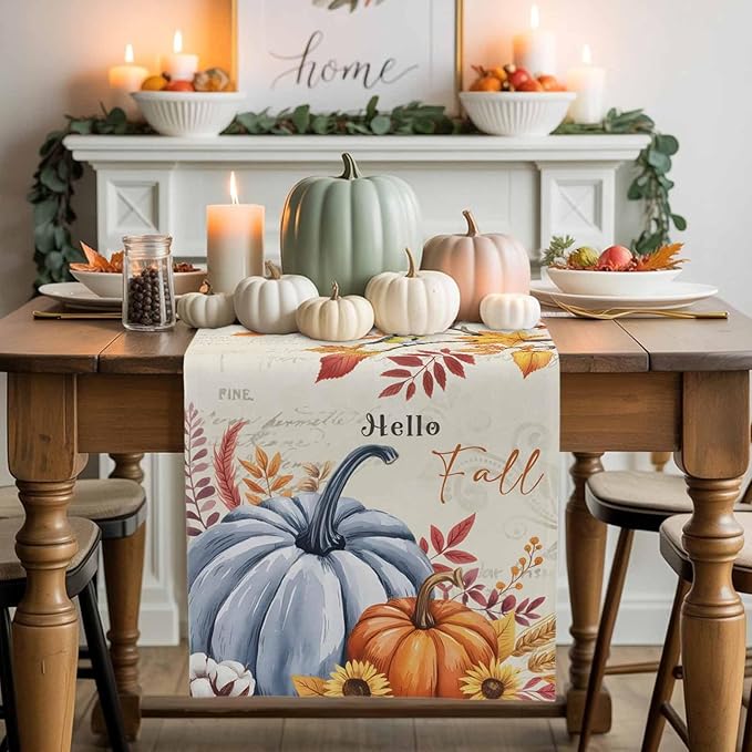 Thanksgiving Fall Cotton Linen Table Runner for Dining Kitchen, Blue Pumpkins Rustic Wedding Outdoor Party Autumn Tablerunners Decoration, Leaves Dresser Scarf Coffee Tablecloth Runners 13x48 Inches