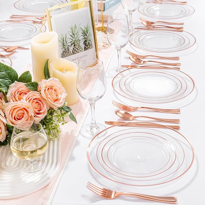 Disposable Plates, Clear Plastic with Rose Gold Trim, 150-Piece Set