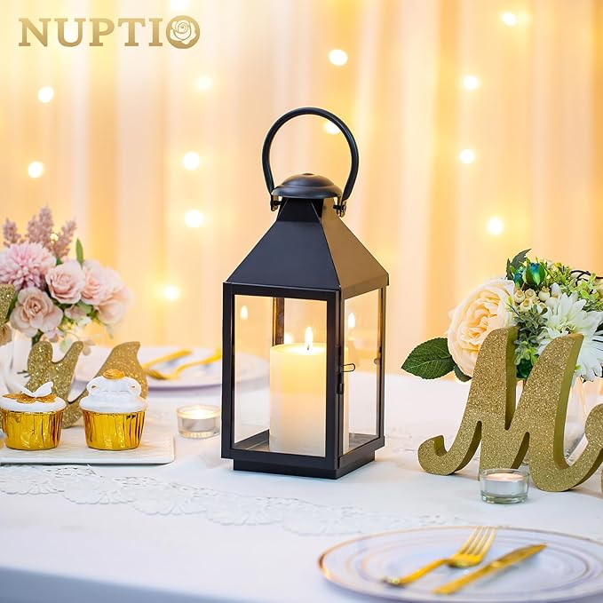 Black Metal Decorative Candle Lantern with Hanging Ring and Flat Base