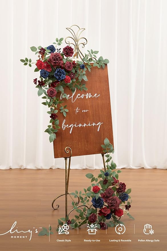 Artificial Floral Swag Set of 2 for Welcome Sign, Burgundy and Navy Blue