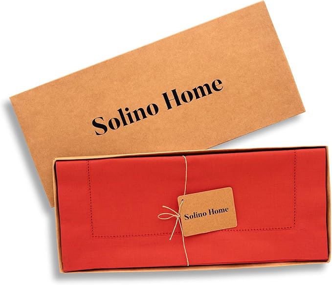 Solino Home Cotton Linen Poppy Red Table Runner 72 Inches Long - Hemstitch Table Runner 14 x 72 Inch for Dresser, Dining, Halloween