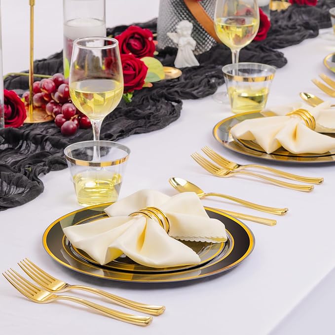 Plates Black and Gold Round Disposable Set, 300 Pieces Plastic