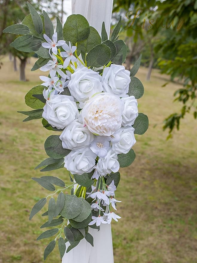Artificial Flowers Wedding Arch Swag, White and Ivory Faux Silk, 40-Inch Set