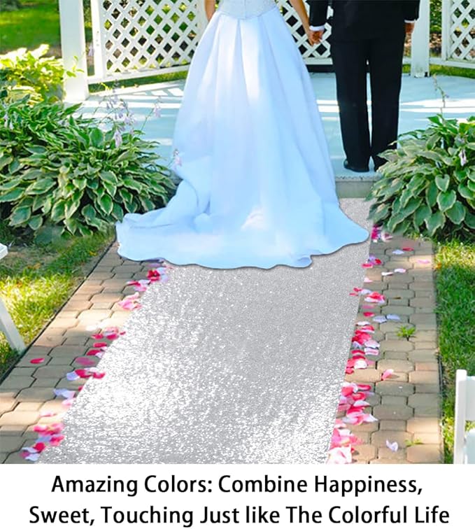Aisle Runner, Silver Sequin, 3 x 15 Ft for Indoor and Outdoor Weddings