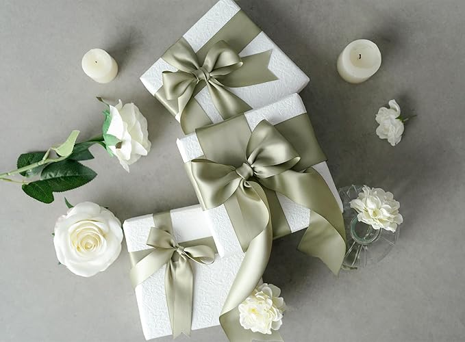 Sage Green Satin Ribbon 2.5 Inch Double-Faced Ribbons 25 Yards for Gift Wrapping Crafts Flower Bouquet Wedding Paper Bows Invitations