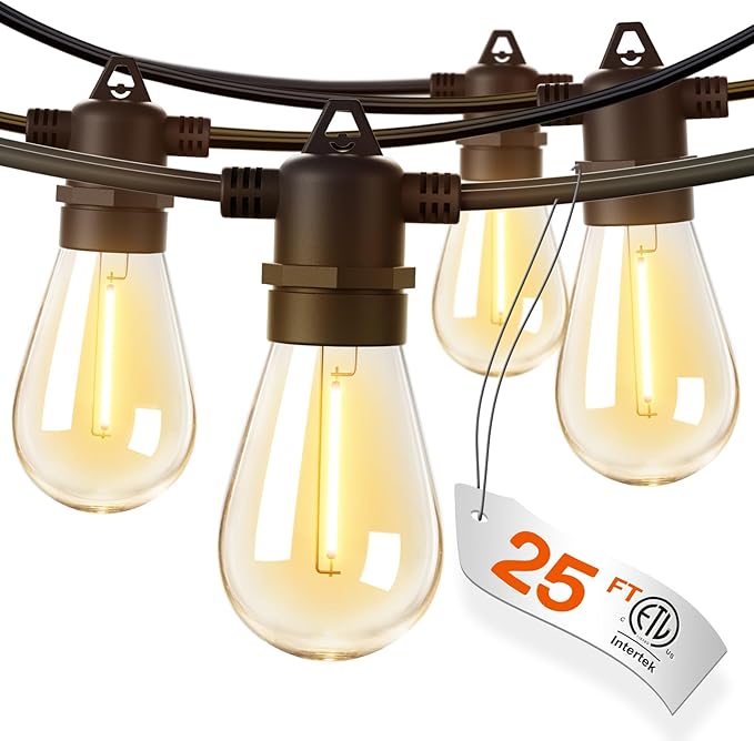 Outdoor LED String Lights, 25 Ft Black with Shatterproof Edison Bulbs