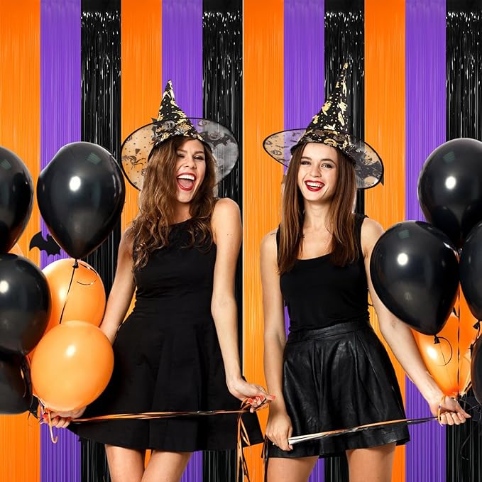 GOER 3.2 ft x 8.2 ft Metallic Tinsel Foil Fringe Curtains for Halloween Birthday Graduation New Year's Party Decorations(1 Pack,Black&Orange&Purple)