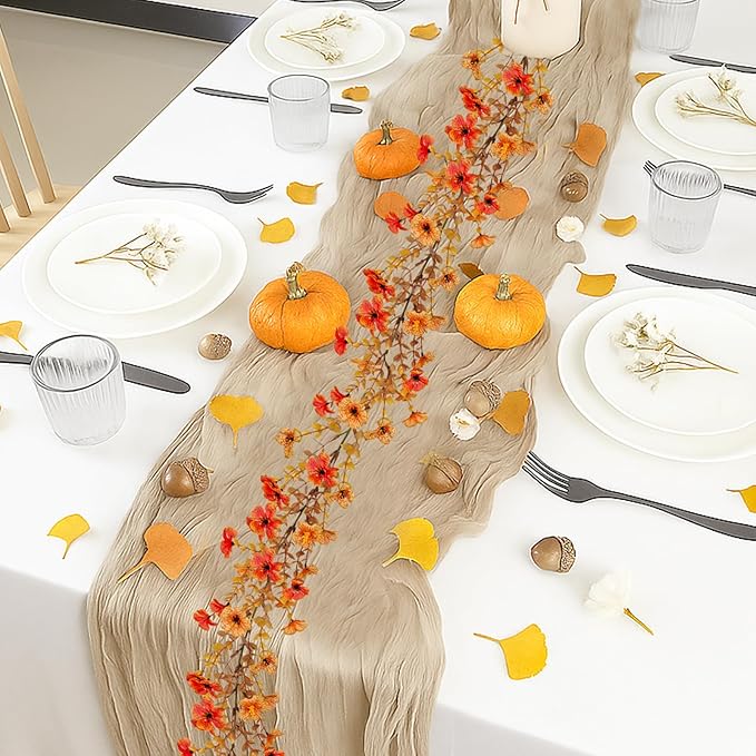 2 Pack Artificial Fall Flowers Garland, 6 FT Fall Decorations UV Resistant Fake Mums Floral Vines Faux Hanging Flower Ivy Garland for Home Party Table Wall Decor (Orange + Autumn Yellow)