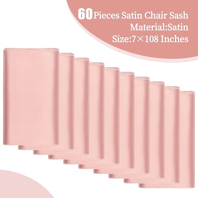 Rose Gold Satin Chair Sashes, 60 Pack, 7 x 108 Inches