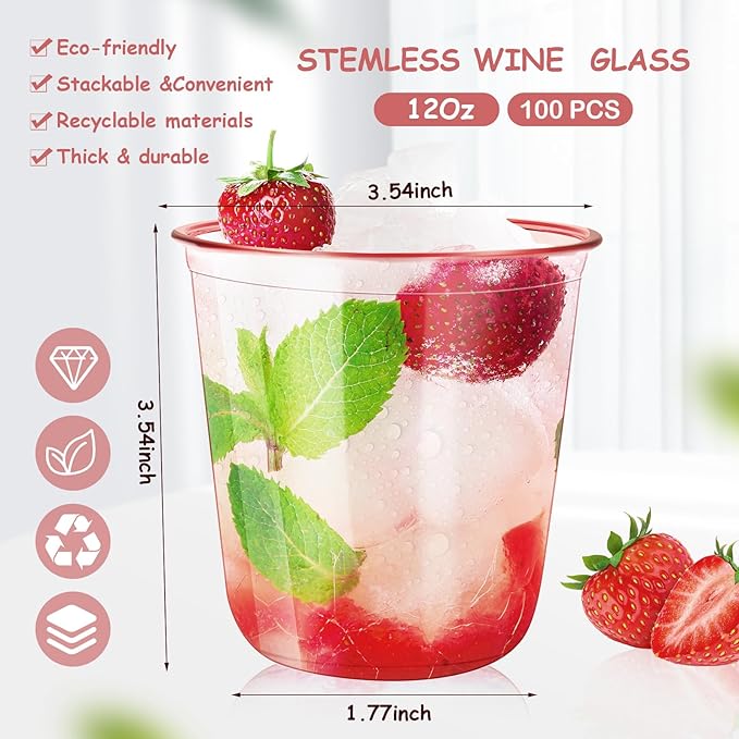 Disposable Party Cups 12 oz Pink Plastic, Pack of 100 Cocktail Cups