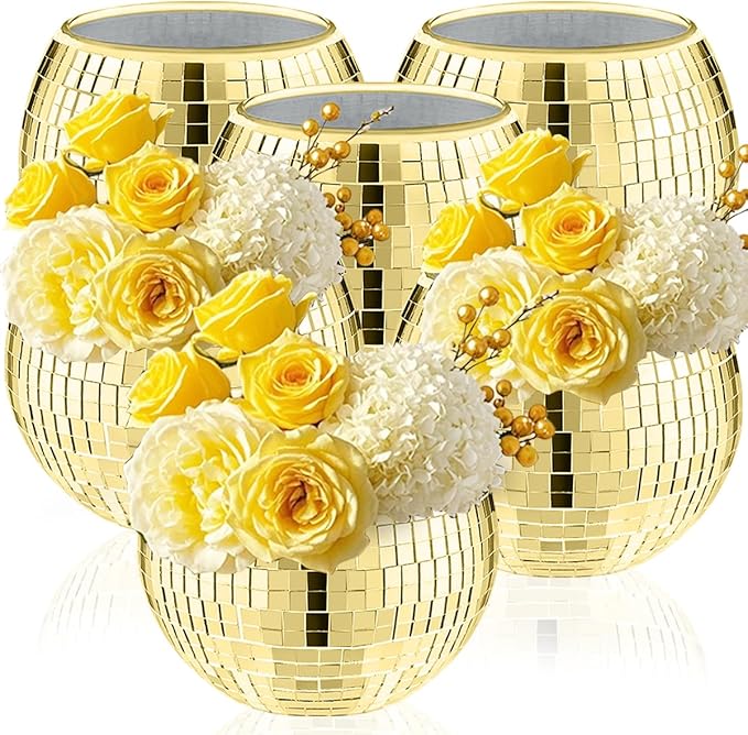 Glass Disco Ball Vases, Set of 6, 5x6 Inch Reflective Party Centerpieces